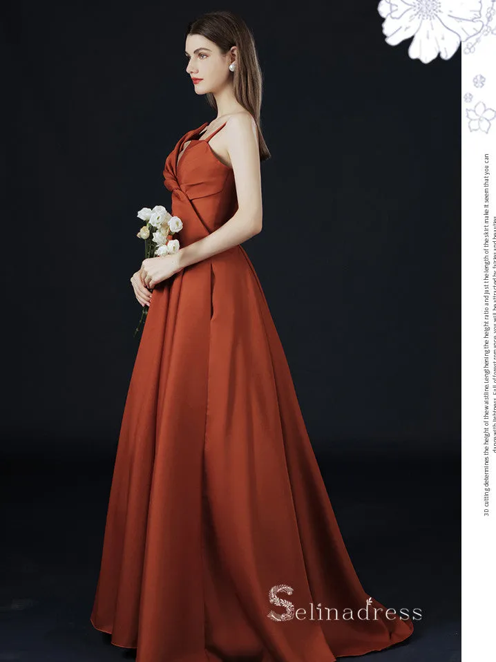 A-line Spaghetti Straps Long Prom Dress With Bow Satin Evening Dresses GKF019