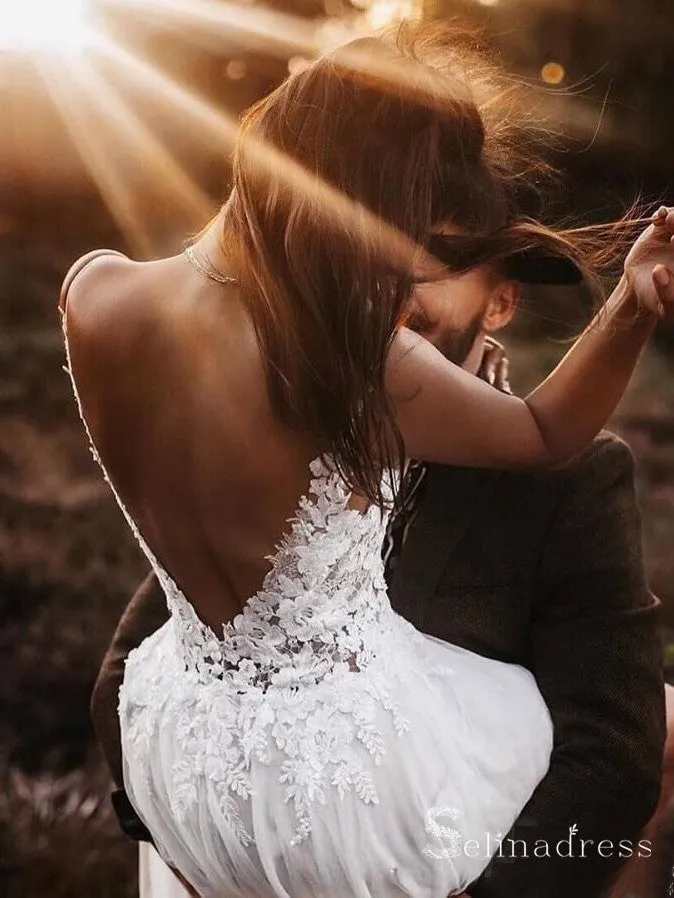 A-line Spaghetti Straps Open Back Wedding Dresses Rustic Beach Bridal Gowns MHL1691