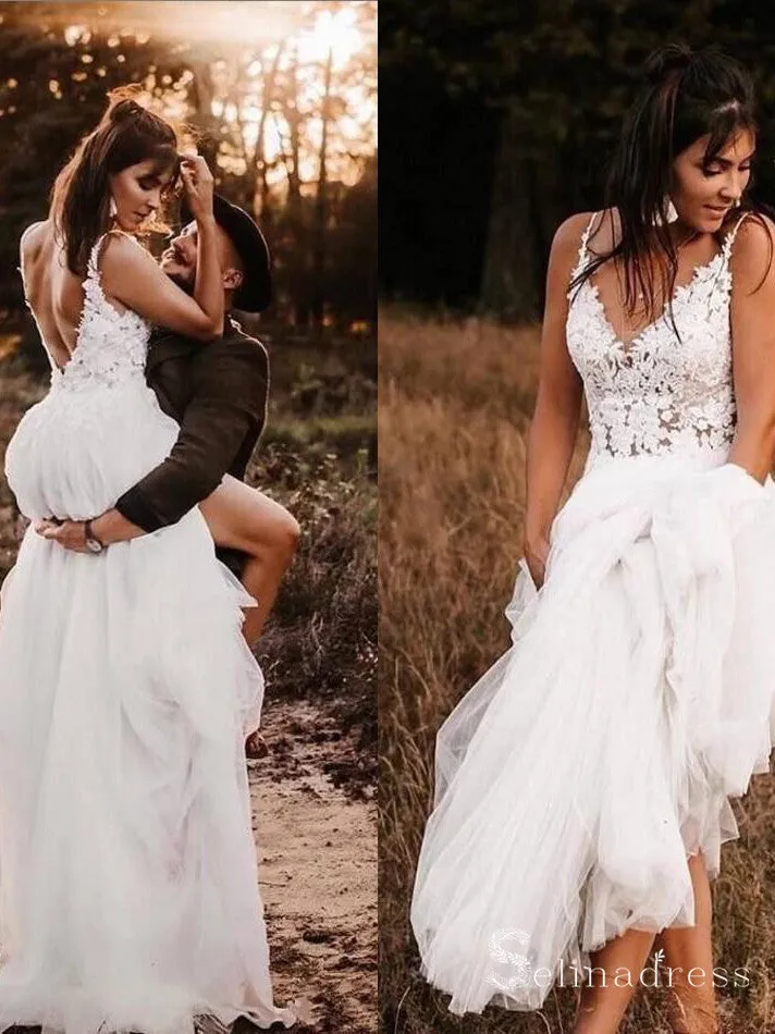 A-line Spaghetti Straps Open Back Wedding Dresses Rustic Beach Bridal Gowns MHL1691