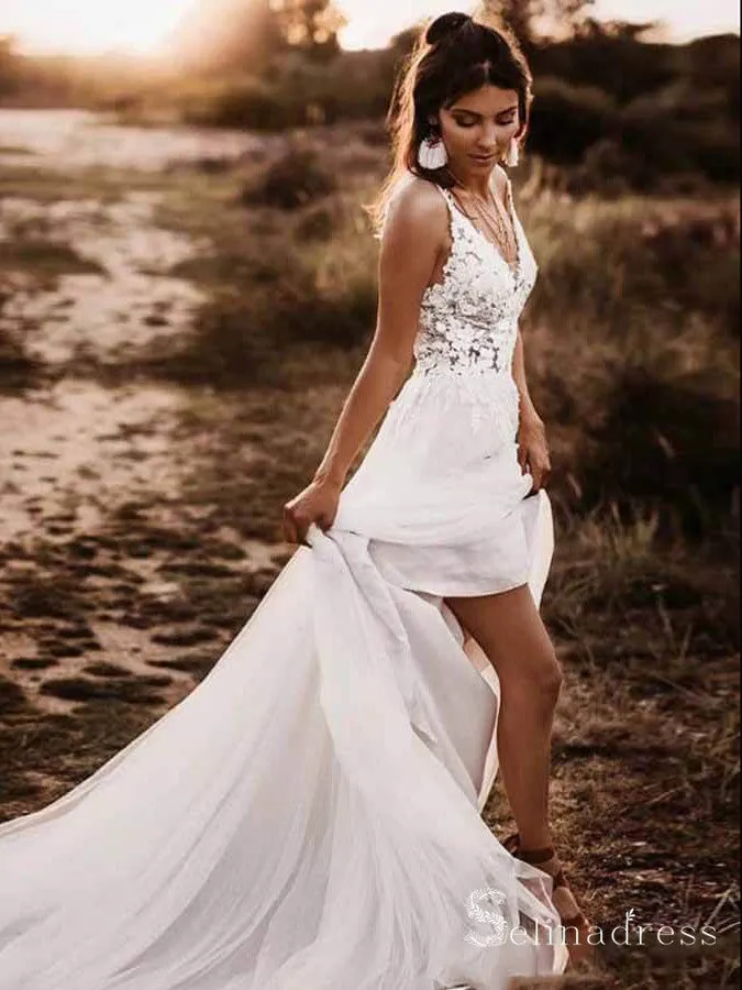 A-line Spaghetti Straps Open Back Wedding Dresses Rustic Beach Bridal Gowns MHL1691