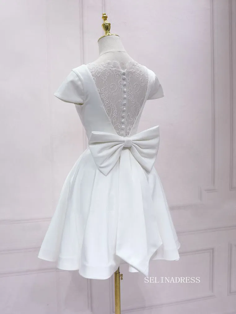 A-line V neck White Short Sleeve Homecoming Dress Lace Bow Short Prom Dresses EDS036