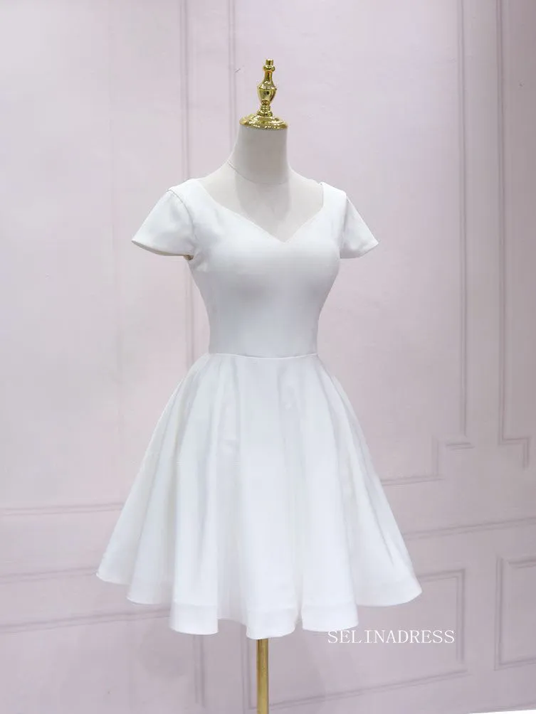 A-line V neck White Short Sleeve Homecoming Dress Lace Bow Short Prom Dresses EDS036