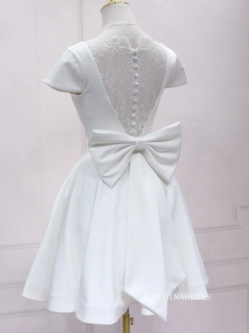 A-line V neck White Short Sleeve Homecoming Dress Lace Bow Short Prom Dresses EDS036