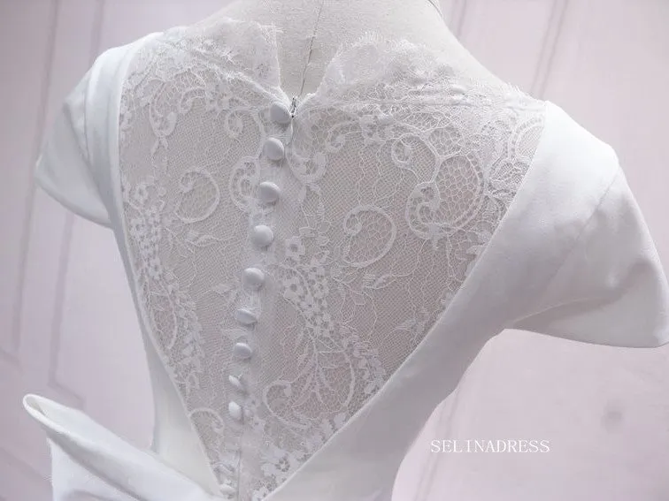 A-line V neck White Short Sleeve Homecoming Dress Lace Bow Short Prom Dresses EDS036