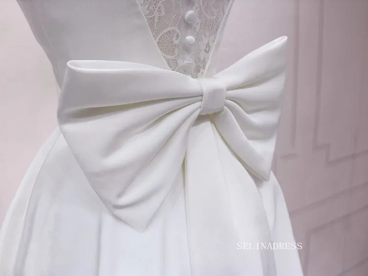 A-line V neck White Short Sleeve Homecoming Dress Lace Bow Short Prom Dresses EDS036