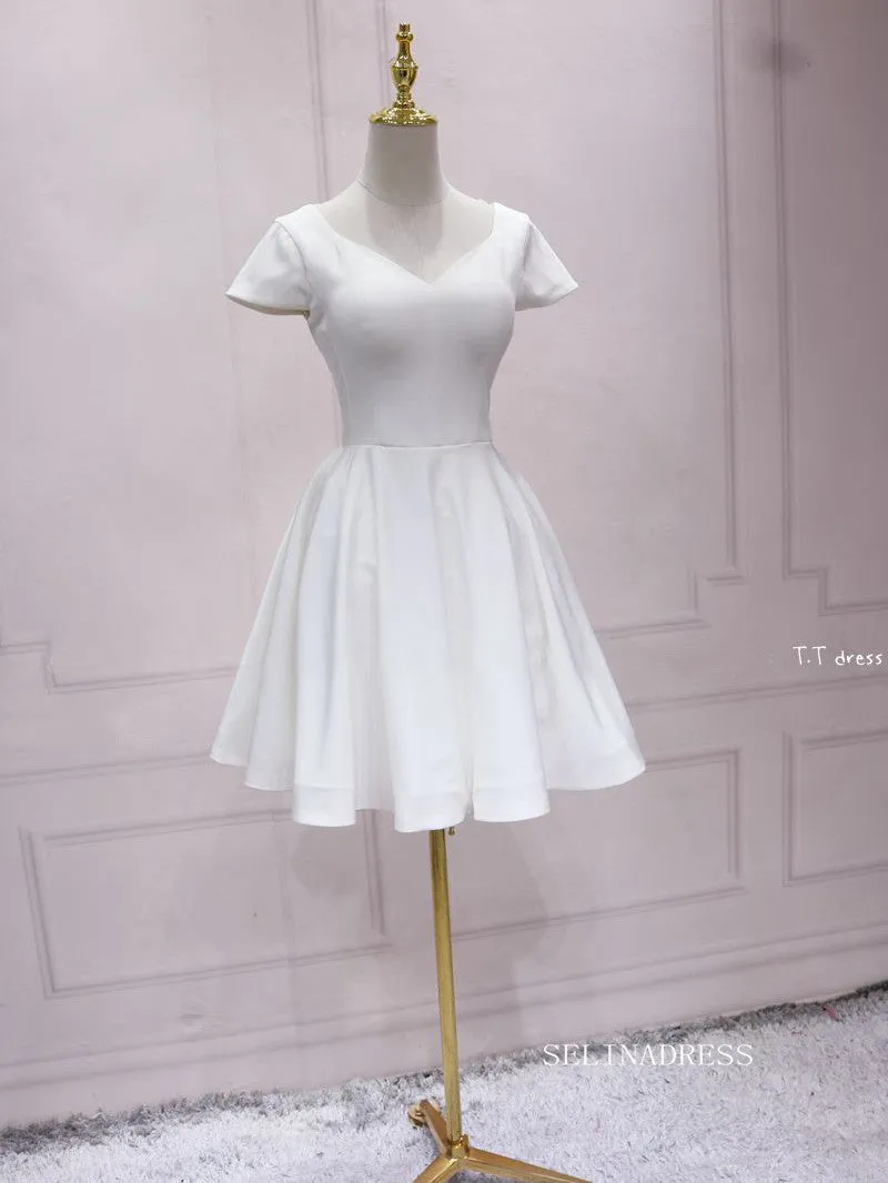 A-line V neck White Short Sleeve Homecoming Dress Lace Bow Short Prom Dresses EDS036