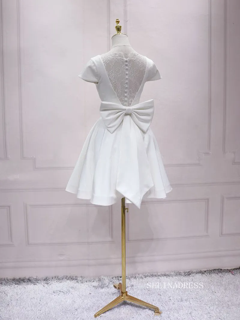 A-line V neck White Short Sleeve Homecoming Dress Lace Bow Short Prom Dresses EDS036