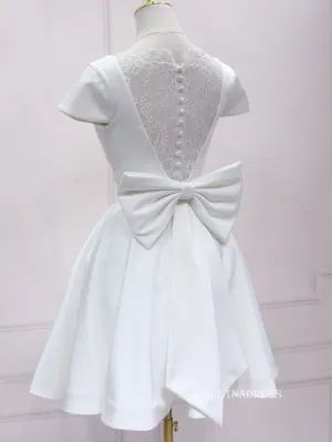 A-line V neck White Short Sleeve Homecoming Dress Lace Bow Short Prom Dresses EDS036