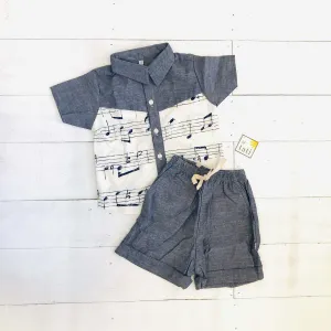 Birch Top & Shorts in Musical Notes White & Gray Linen