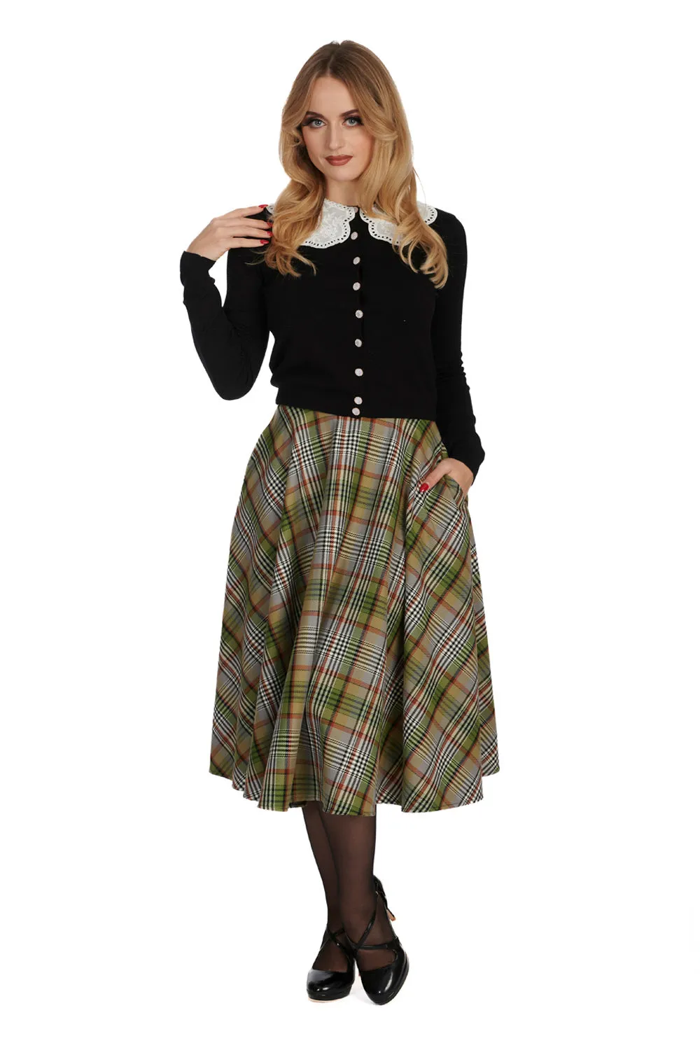 Green Sophia Check Circle Skirt by Banned