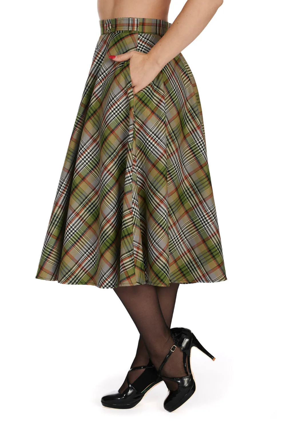 Green Sophia Check Circle Skirt by Banned