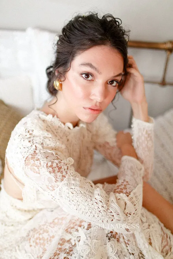 Mermaid Scoop Long Sleeve Ivory Lace Wedding Dress Rustic Boho Bride Gowns JKP009