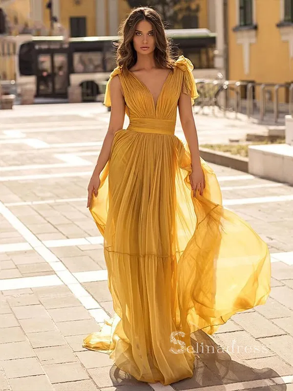 Mermaid V neck Long Prom Dress Ruffles Chiffon Cheap Evening Dresses HLK024