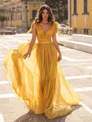 Mermaid V neck Long Prom Dress Ruffles Chiffon Cheap Evening Dresses HLK024