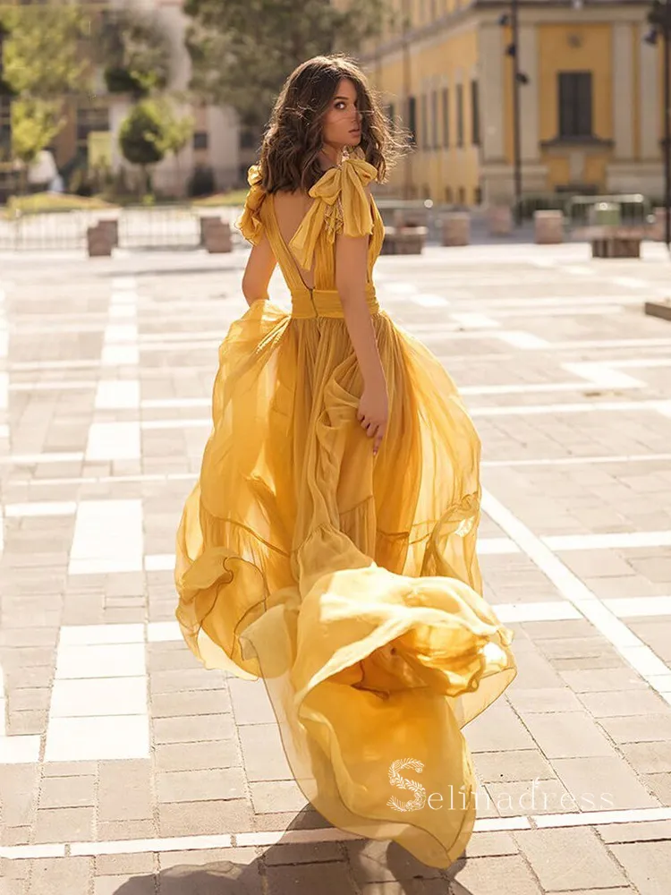 Mermaid V neck Long Prom Dress Ruffles Chiffon Cheap Evening Dresses HLK024