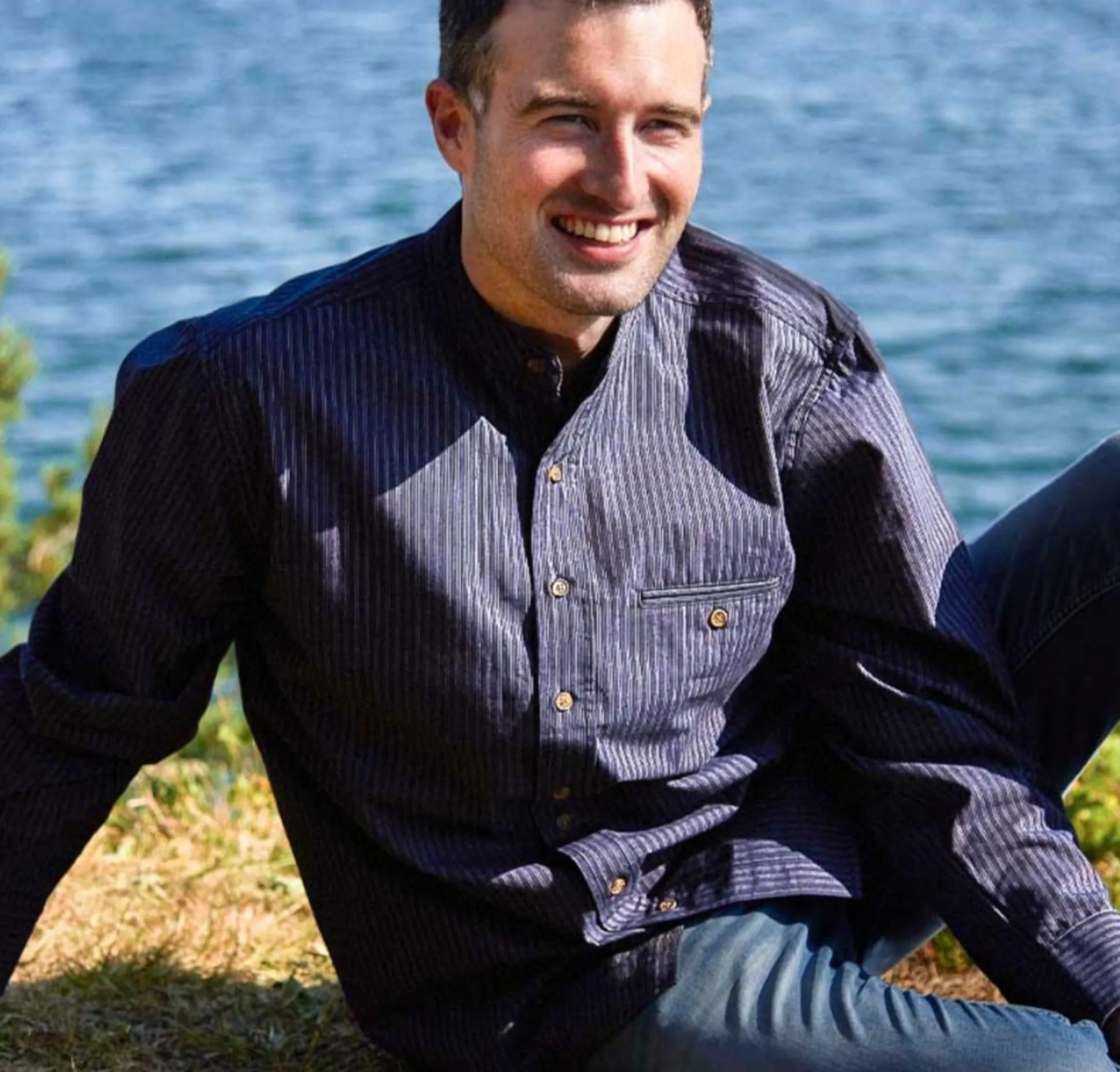 Navy Stripe Cotton Grandfather Shirt