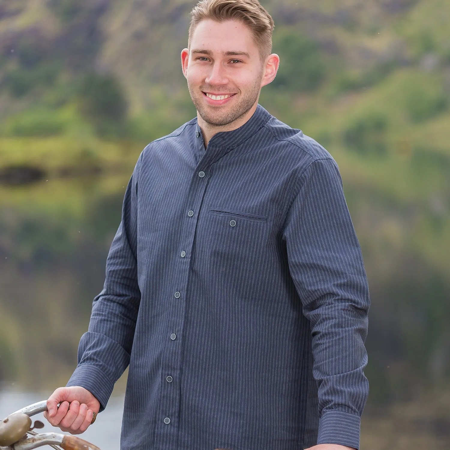 Navy Stripe Cotton Grandfather Shirt