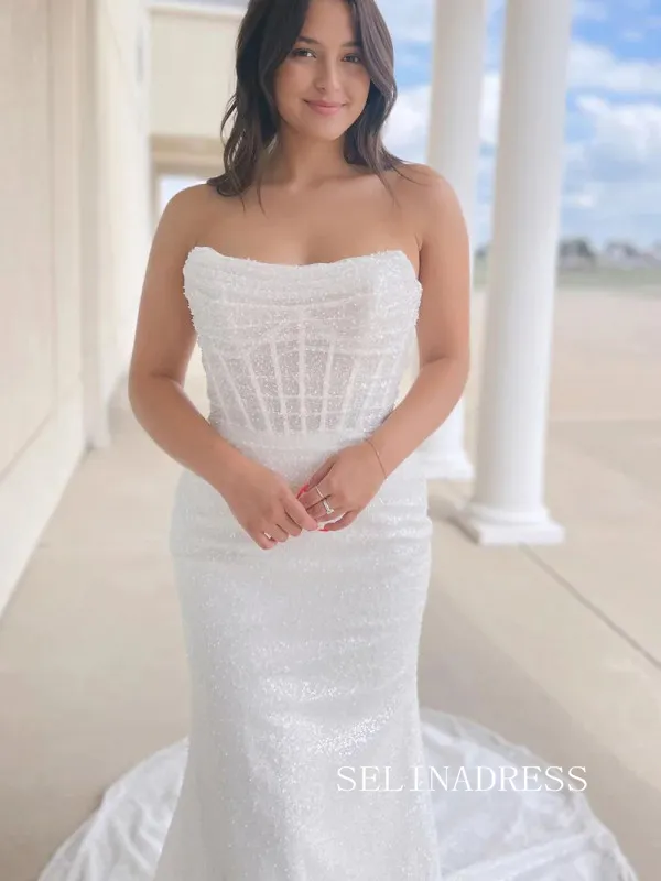 White Mermaid Strapless Wedding Dress Sparkly Bridal Gowns TKL3040